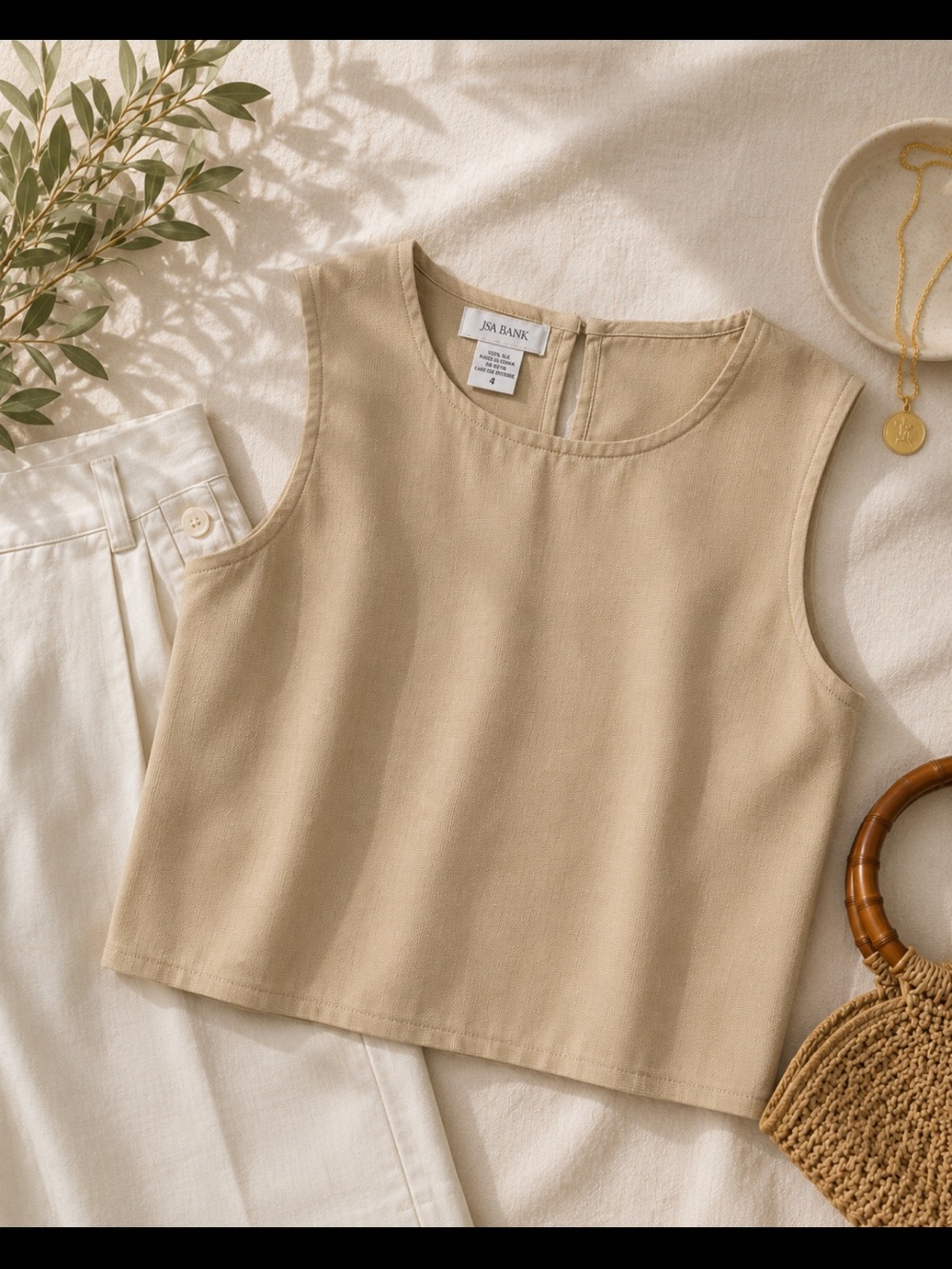 Vintage JSA Bank 100% Silk Tank Top Size 4 Beige Gold Textured Sleeveless Blouse